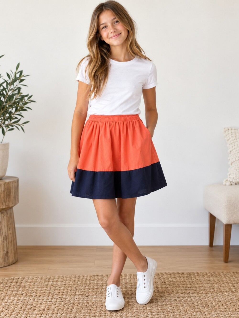 Crewcuts J.Crew Girls Size 14 Coral Navy Silk Trim Skirt